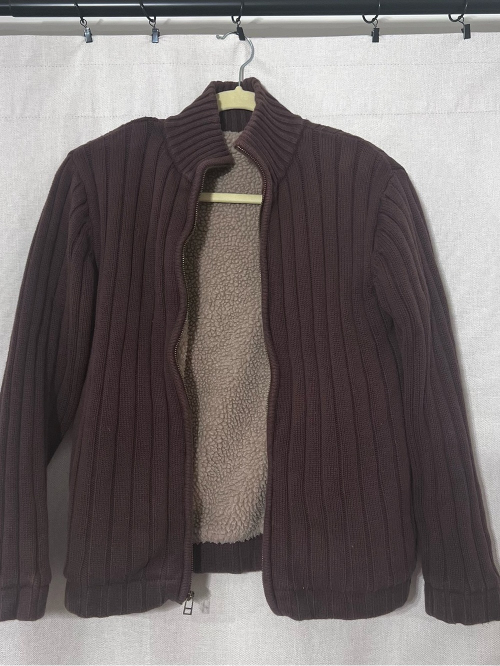 Women's Chocolate Brown Ribbed Zip-Up Sweater Cardigan with Sherpa Lining